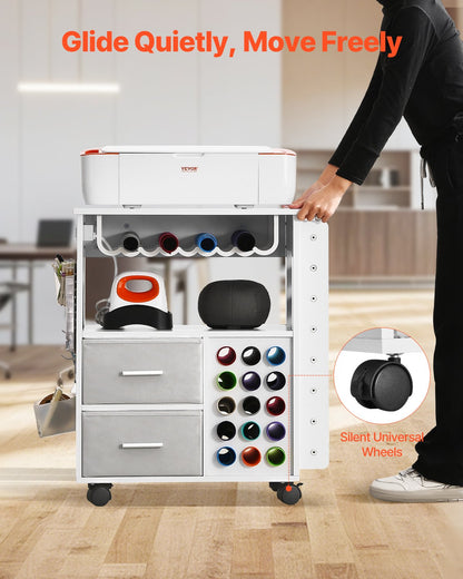 Rolling Craft Cart and Storage Table, Compatible with Cricut Machines, Crafting Table Organization Workstation with 2 USB Ports and Outlets, 15 Vinyl Roll Holders and 2 Drawers, for Craft Room