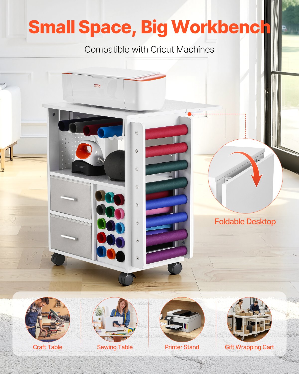 Rolling Craft Cart and Storage Table, Compatible with Cricut Machines, Crafting Table Organization Workstation with 2 USB Ports and Outlets, 15 Vinyl Roll Holders and 2 Drawers, for Craft Room