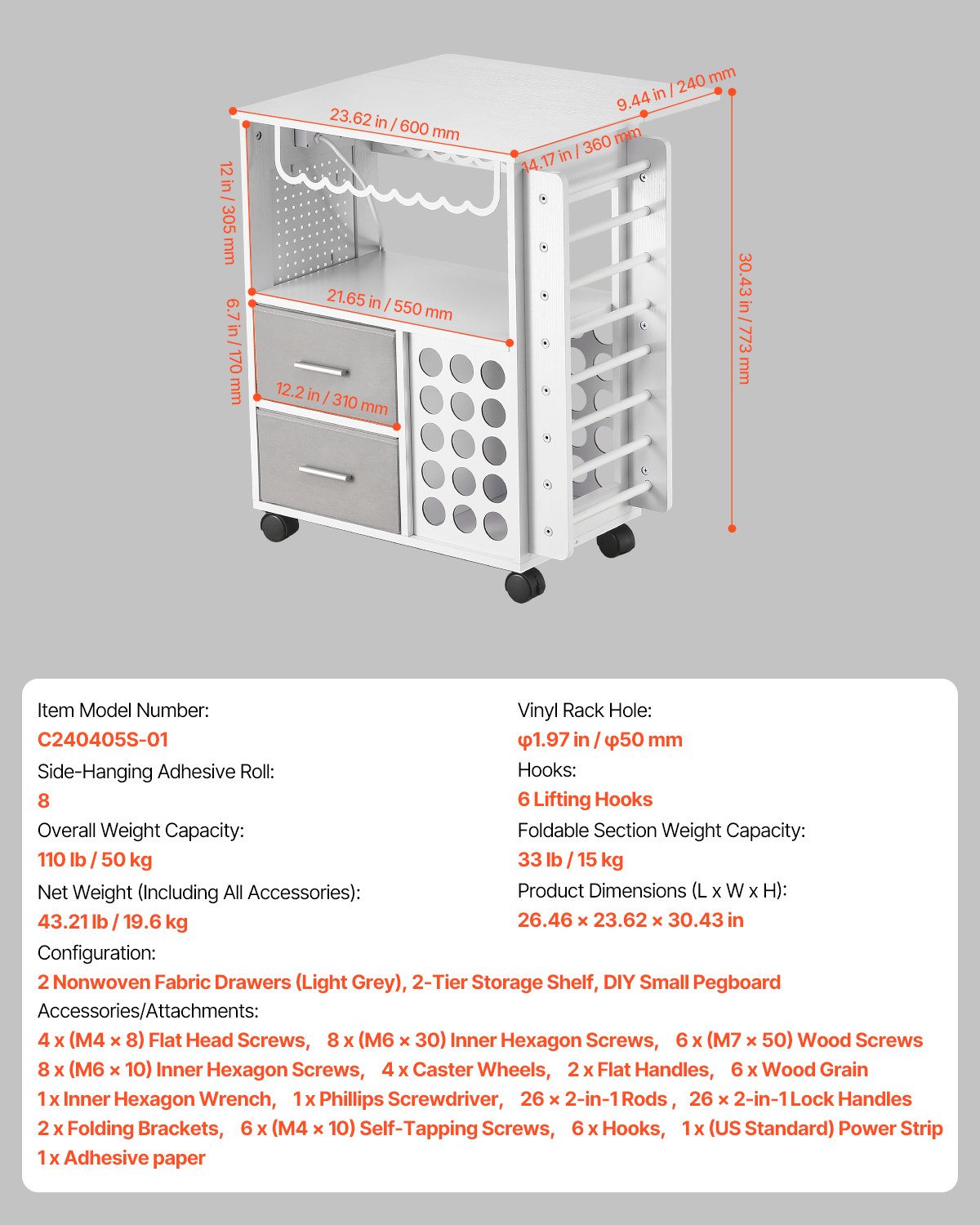 Rolling Craft Cart and Storage Table, Compatible with Cricut Machines, Crafting Table Organization Workstation with 2 USB Ports and Outlets, 15 Vinyl Roll Holders and 2 Drawers, for Craft Room