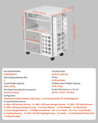 Rolling Craft Cart and Storage Table, Compatible with Cricut Machines, Crafting Table Organization Workstation with 2 USB Ports and Outlets, 15 Vinyl Roll Holders and 2 Drawers, for Craft Room