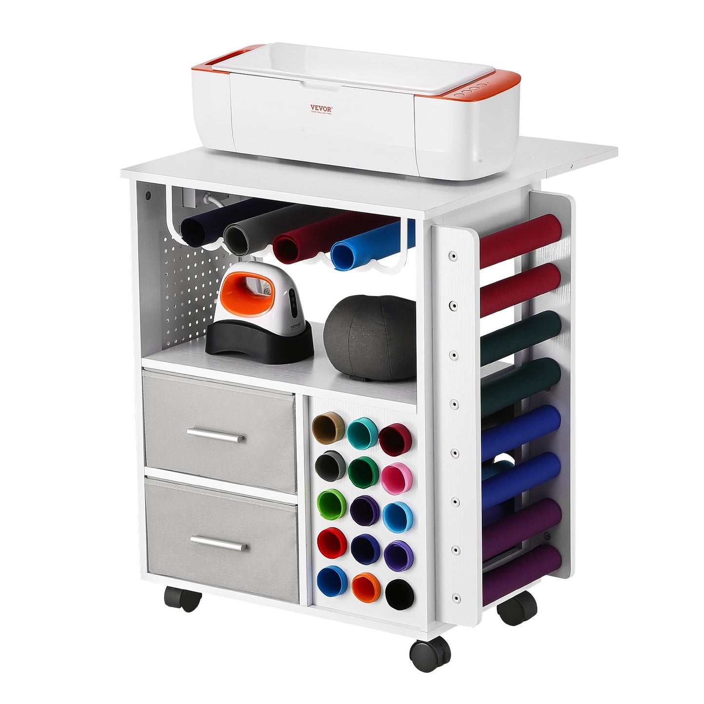 Rolling Craft Cart and Storage Table, Compatible with Cricut Machines, Crafting Table Organization Workstation with 2 USB Ports and Outlets, 15 Vinyl Roll Holders and 2 Drawers, for Craft Room