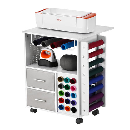 Rolling Craft Cart and Storage Table, Compatible with Cricut Machines, Crafting Table Organization Workstation with 2 USB Ports and Outlets, 15 Vinyl Roll Holders and 2 Drawers, for Craft Room