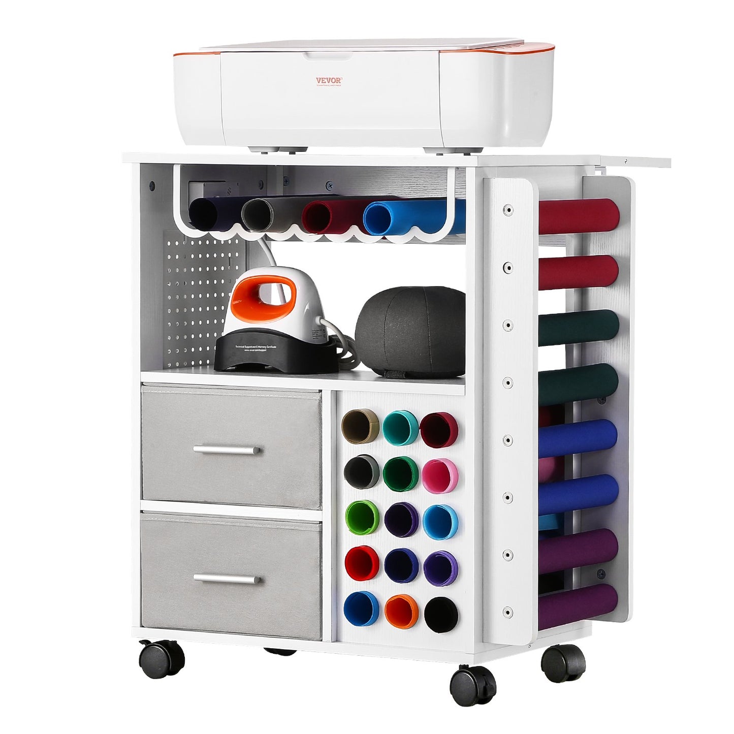 Rolling Craft Cart and Storage Table, Compatible with Cricut Machines, Crafting Table Organization Workstation with 2 USB Ports and Outlets, 15 Vinyl Roll Holders and 2 Drawers, for Craft Room