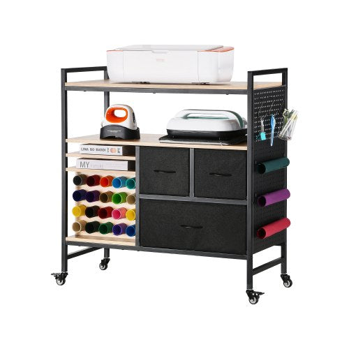 Rolling Craft Cart and Storage Table, Compatible with Cricut Machines, Crafting Table Organization Workstation, Craft Rolling Storage Organizer with 20 Vinyl Roll Holders and 3 Drawers, Black