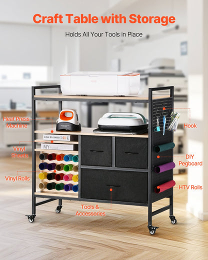 Rolling Craft Cart and Storage Table, Compatible with Cricut Machines, Crafting Table Organization Workstation, Craft Rolling Storage Organizer with 20 Vinyl Roll Holders and 3 Drawers, Black