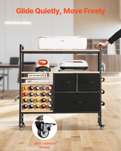 Rolling Craft Cart and Storage Table, Compatible with Cricut Machines, Crafting Table Organization Workstation, Craft Rolling Storage Organizer with 20 Vinyl Roll Holders and 3 Drawers, Black