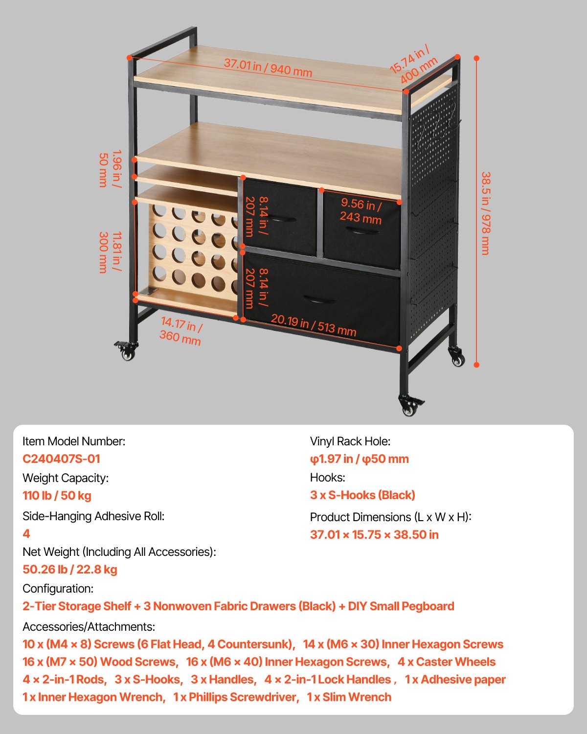 Rolling Craft Cart and Storage Table, Compatible with Cricut Machines, Crafting Table Organization Workstation, Craft Rolling Storage Organizer with 20 Vinyl Roll Holders and 3 Drawers, Black