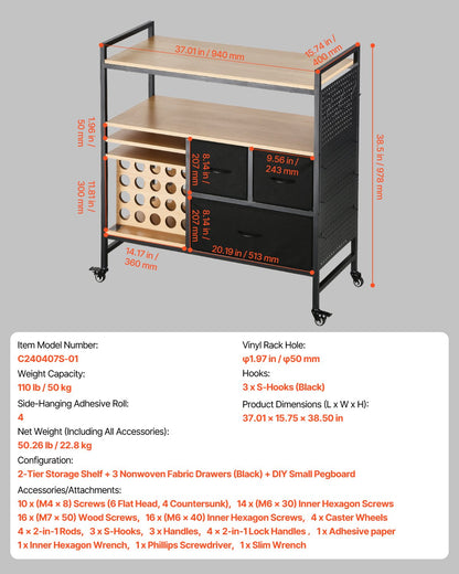 Rolling Craft Cart and Storage Table, Compatible with Cricut Machines, Crafting Table Organization Workstation, Craft Rolling Storage Organizer with 20 Vinyl Roll Holders and 3 Drawers, Black