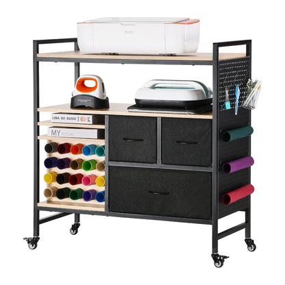 Rolling Craft Cart and Storage Table, Compatible with Cricut Machines, Crafting Table Organization Workstation, Craft Rolling Storage Organizer with 20 Vinyl Roll Holders and 3 Drawers, Black