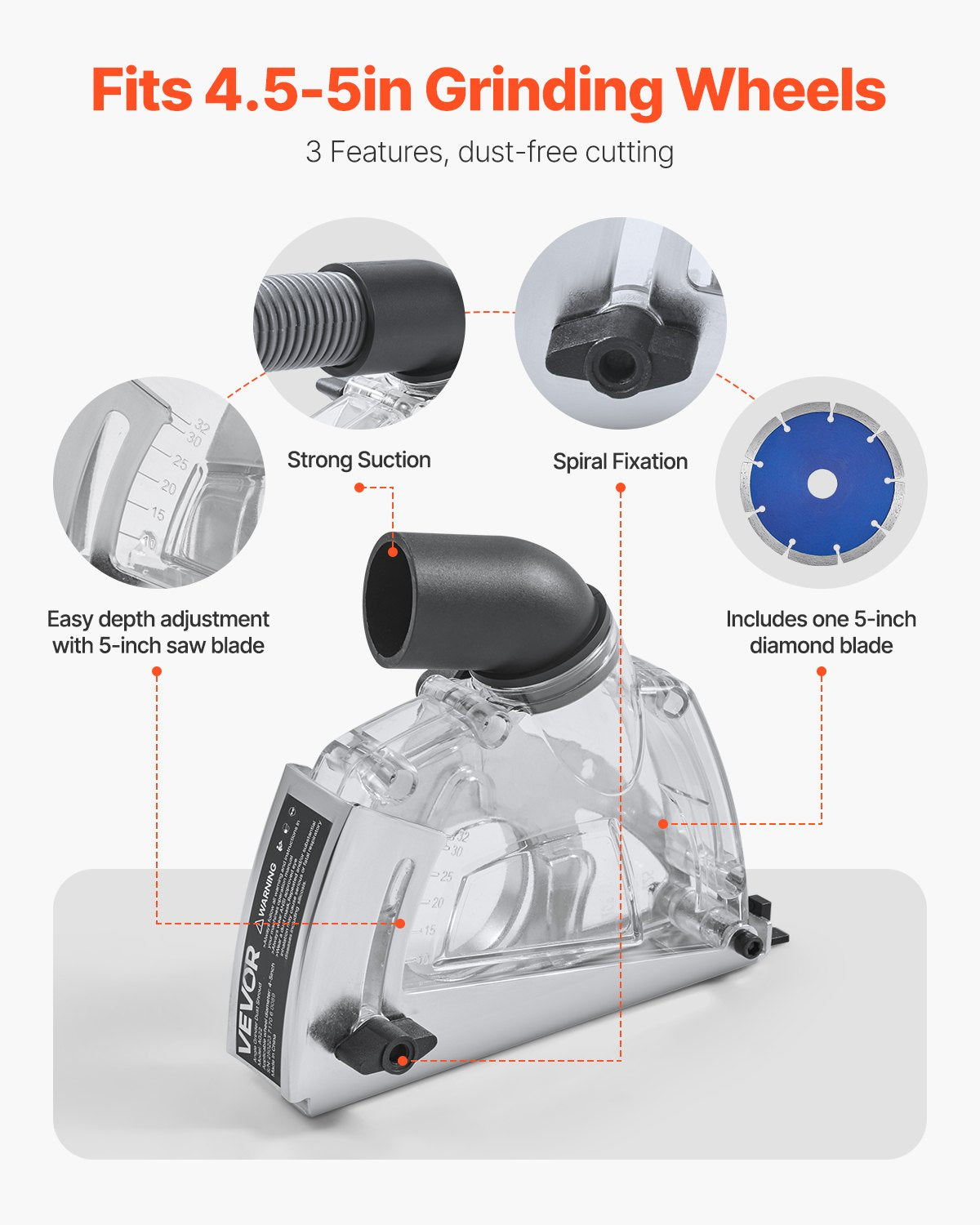 Cutting Dust Shroud for Angle Grinders, Universal 4-5 in Angle Grinder Dust Shroud with 6 Clamping Washers & 5 in Diamond Grinding Cup Wheel, Adjustable Cutting Depth, Connect to Vacuum Cleaner