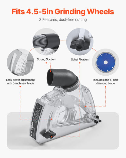 Cutting Dust Shroud for Angle Grinders, Universal 4-5 in Angle Grinder Dust Shroud with 6 Clamping Washers & 5 in Diamond Grinding Cup Wheel, Adjustable Cutting Depth, Connect to Vacuum Cleaner