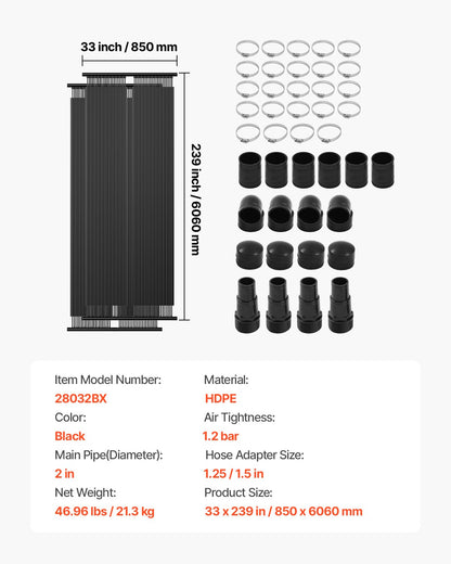 Solar Pool Heater, 2.75 x 20 ft HDPE Solar Pool Panel( 2 Pcs) - Durable & Weather-Proof, with Complete Accessories, Universal Solar Pool Panel–Raises Water Temperature, Aboveground & Inground Pool