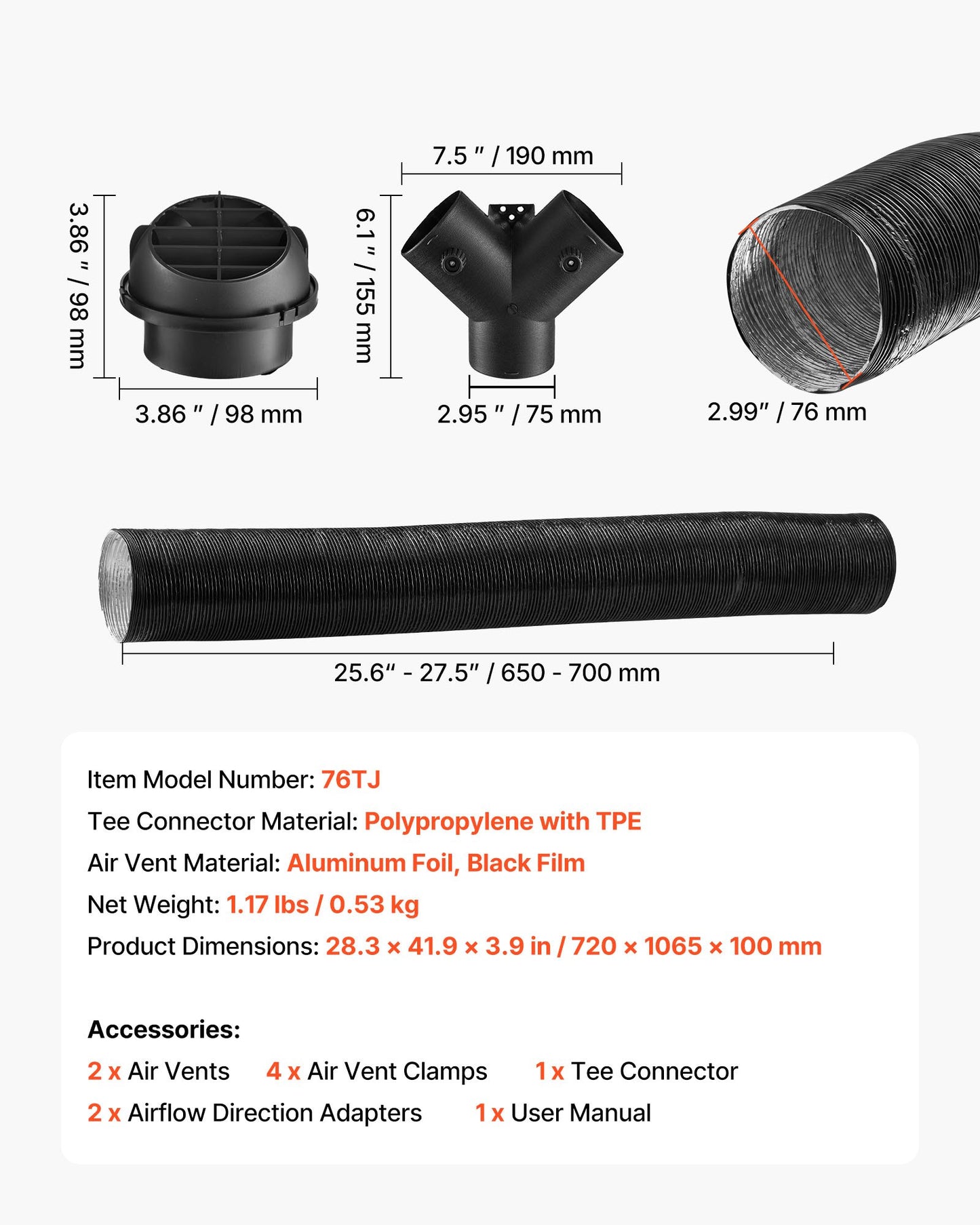Diesel Heater Pipe Duct Vent Kit, 3-inch Heater Pipe Warm Air Outlet Vent Set with Y-Shaped Connector & Air Duct Clamps, Parking Heaters Air Ducts Vent Kit for 2KW 5KW 8KW Diesel Heaters, Black