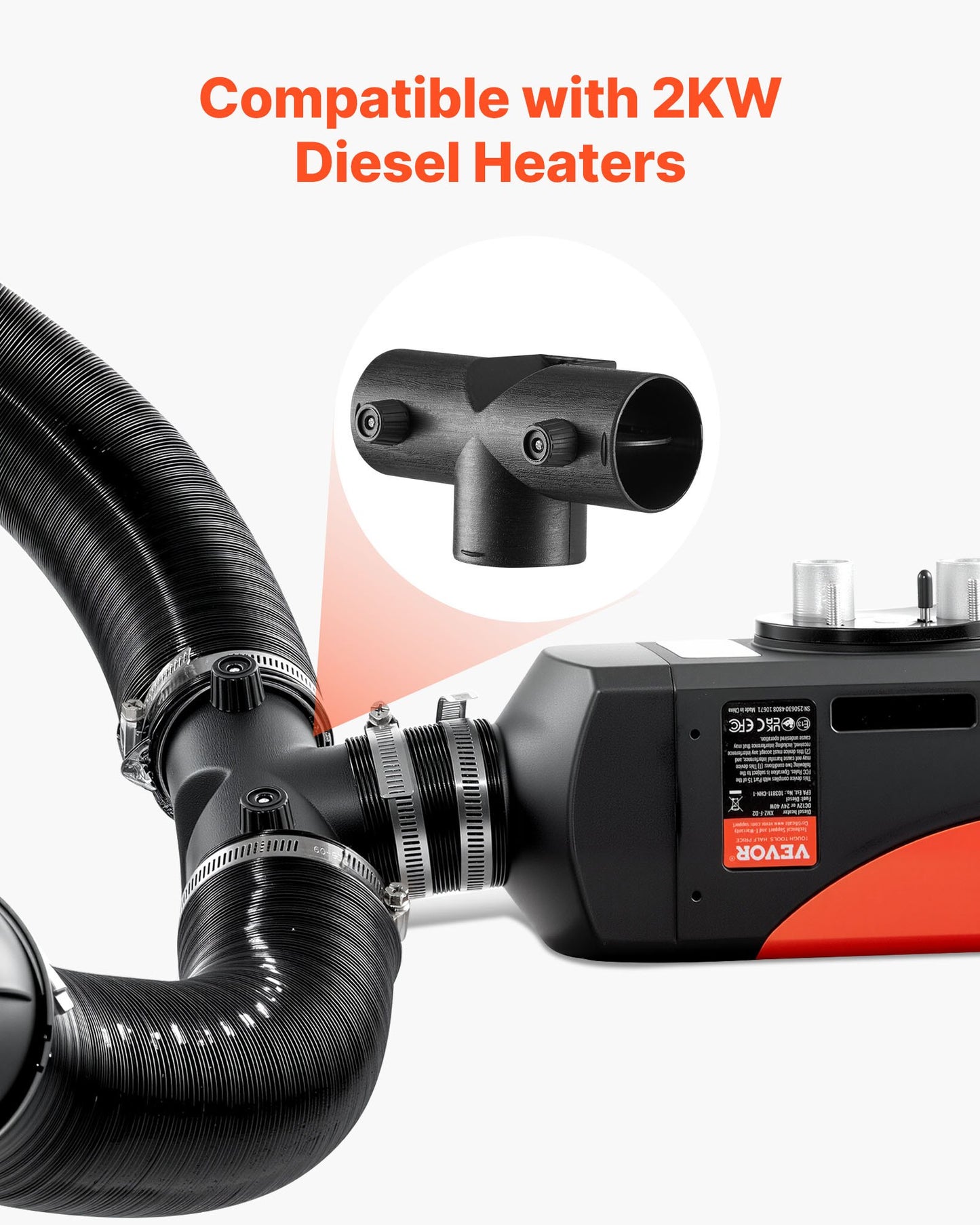 Diesel Heater Connector, 2.32 inch Diesel Heater Duct Connector Accessories, T-shape 3 Way Air Vent Connectors with 2 90° Rotatable Valves, Black Joint Connectors for 2KW Diesels Heaters