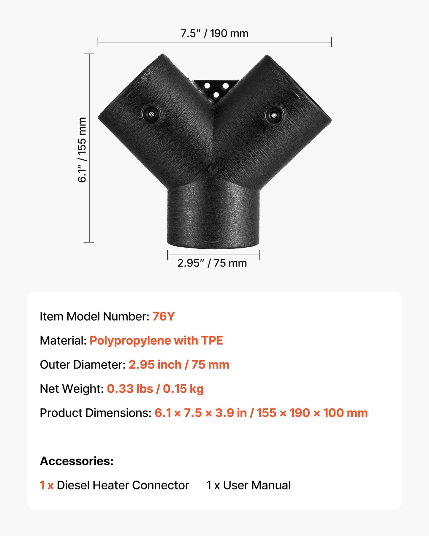 Diesel Heater Connector, 3 inch Diesel Heater Duct Connector Accessories, 3-Way Y Branch Diesels Heaters Air Vent Duct with 2 90° Rotatable Valves, Black Joint Connectors for 2KW 5KW 8KW Heaters