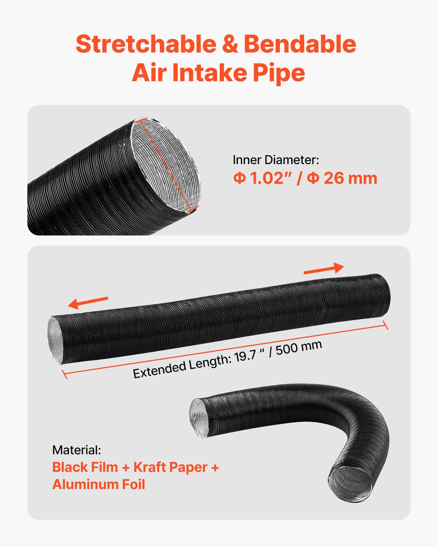 Diesel Heater Intake Pipe Kit, 0.98 inch Car Air Parking Heater Ducting Pipe Hose Tube, Stretchable & Bendable Car Air Intake Filter Silencer Hose Pipes Kit for 2KW 5KW 8KW Diesel Heaters