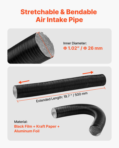 Diesel Heater Intake Pipe Kit, 0.98 inch Car Air Parking Heater Ducting Pipe Hose Tube, Stretchable & Bendable Car Air Intake Filter Silencer Hose Pipes Kit for 2KW 5KW 8KW Diesel Heaters