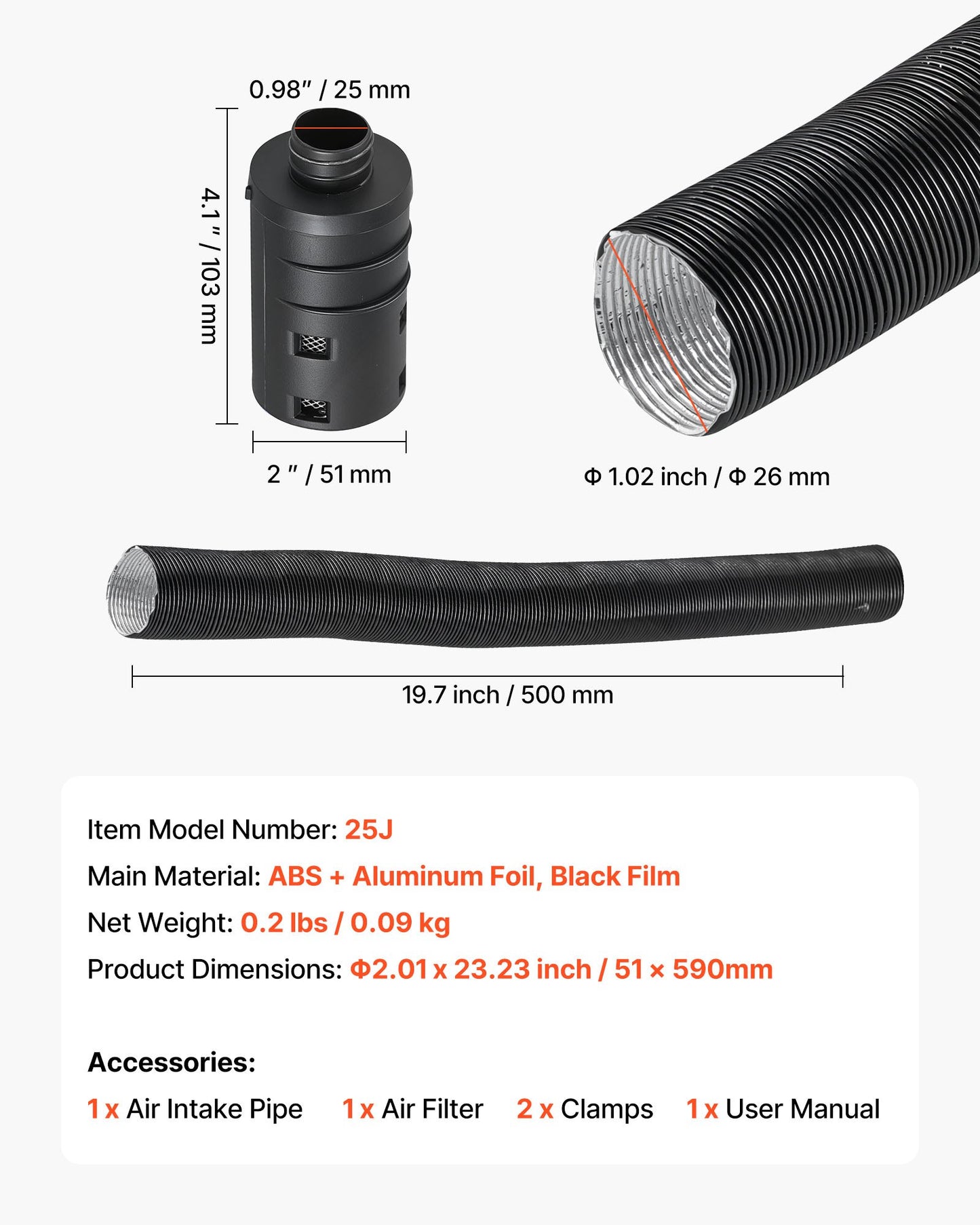 Diesel Heater Intake Pipe Kit, 0.98 inch Car Air Parking Heater Ducting Pipe Hose Tube, Stretchable & Bendable Car Air Intake Filter Silencer Hose Pipes Kit for 2KW 5KW 8KW Diesel Heaters