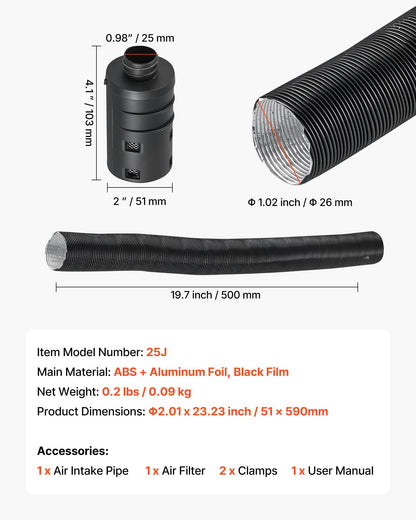 Diesel Heater Intake Pipe Kit, 0.98 inch Car Air Parking Heater Ducting Pipe Hose Tube, Stretchable & Bendable Car Air Intake Filter Silencer Hose Pipes Kit for 2KW 5KW 8KW Diesel Heaters