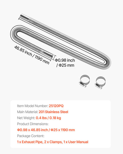Exhaust Hose, 47.2 inch Diesel Heater Flexible Exhaust Pipe, Stainless Steel Exhausts Hose with 2 Hose Clamps, Exhausts Hoses Kit Diesel Heater Accessories for 2KW 5KW 8KW Diesels Heaters