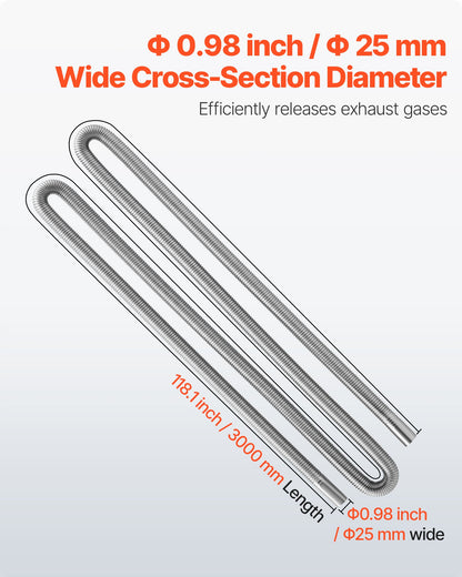 Exhaust Hose, 118.1 inch Stainless Steel Exhausts Hose, Diesel Heater Flexible Exhaust Pipe with 2 Hose Clamps, Exhausts Hoses Kit Diesel Heater Accessories for 2KW 5KW 8KW Diesels Heaters