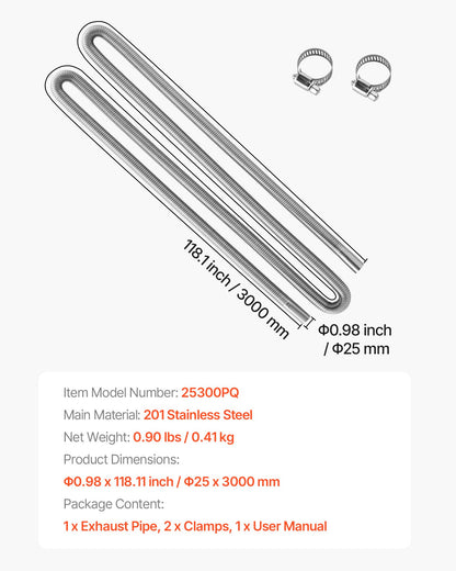 Exhaust Hose, 118.1 inch Stainless Steel Exhausts Hose, Diesel Heater Flexible Exhaust Pipe with 2 Hose Clamps, Exhausts Hoses Kit Diesel Heater Accessories for 2KW 5KW 8KW Diesels Heaters