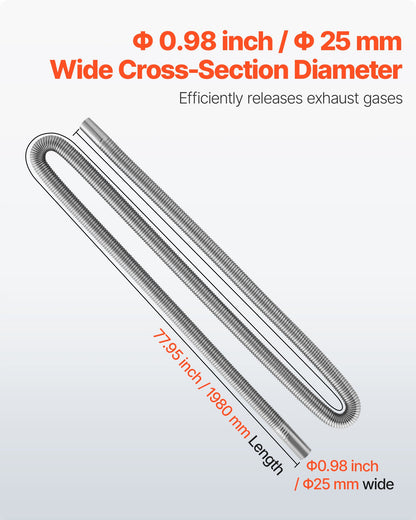 Exhaust Hose, 77.95 inch Stainless Steel Exhausts Hose, Diesel Heater Flexible Exhaust Pipe with 2 Hose Clamps, Exhausts Hoses Kit Diesel Heater Accessories for 2KW 5KW 8KW Diesels Heaters