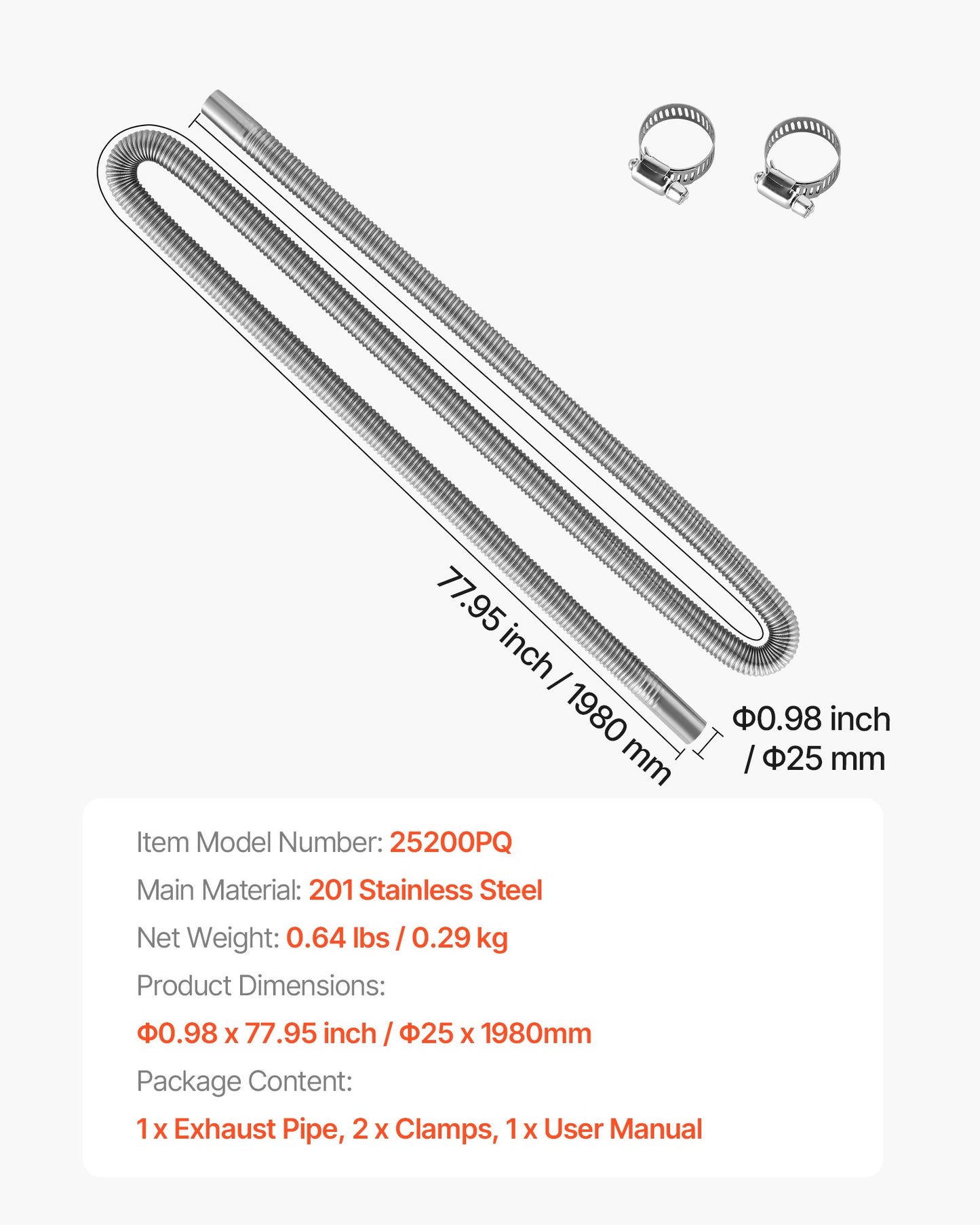 Exhaust Hose, 77.95 inch Stainless Steel Exhausts Hose, Diesel Heater Flexible Exhaust Pipe with 2 Hose Clamps, Exhausts Hoses Kit Diesel Heater Accessories for 2KW 5KW 8KW Diesels Heaters