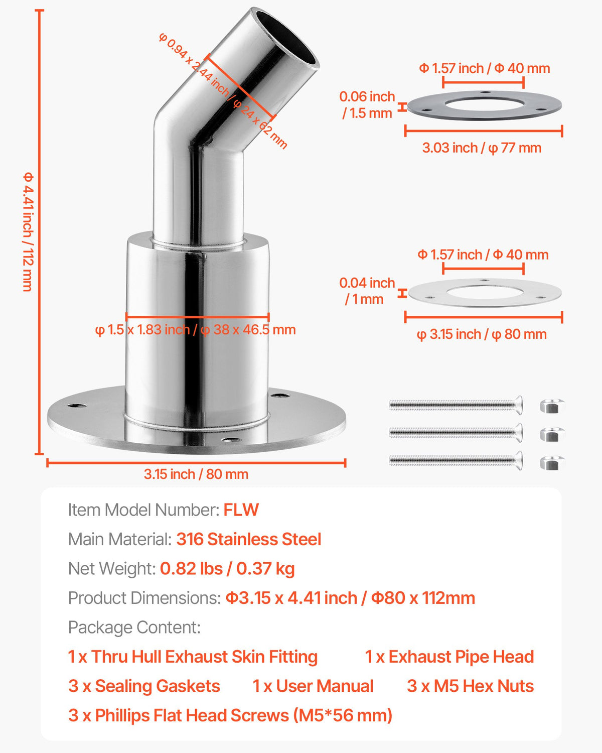 Thru Hull Exhaust Skin Fitting, 0.94 inch Diesel Heater Exhaust Skin Fitting, Elbow Hull Exhausts Pipe Socket Replacement with Screws, Nuts & Gasket for Diesel Heaters, 316 Stainless Steel