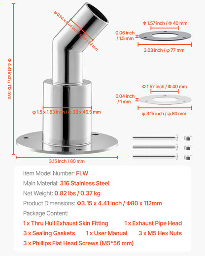 Thru Hull Exhaust Skin Fitting, 0.94 inch Diesel Heater Exhaust Skin Fitting, Elbow Hull Exhausts Pipe Socket Replacement with Screws, Nuts & Gasket for Diesel Heaters, 316 Stainless Steel