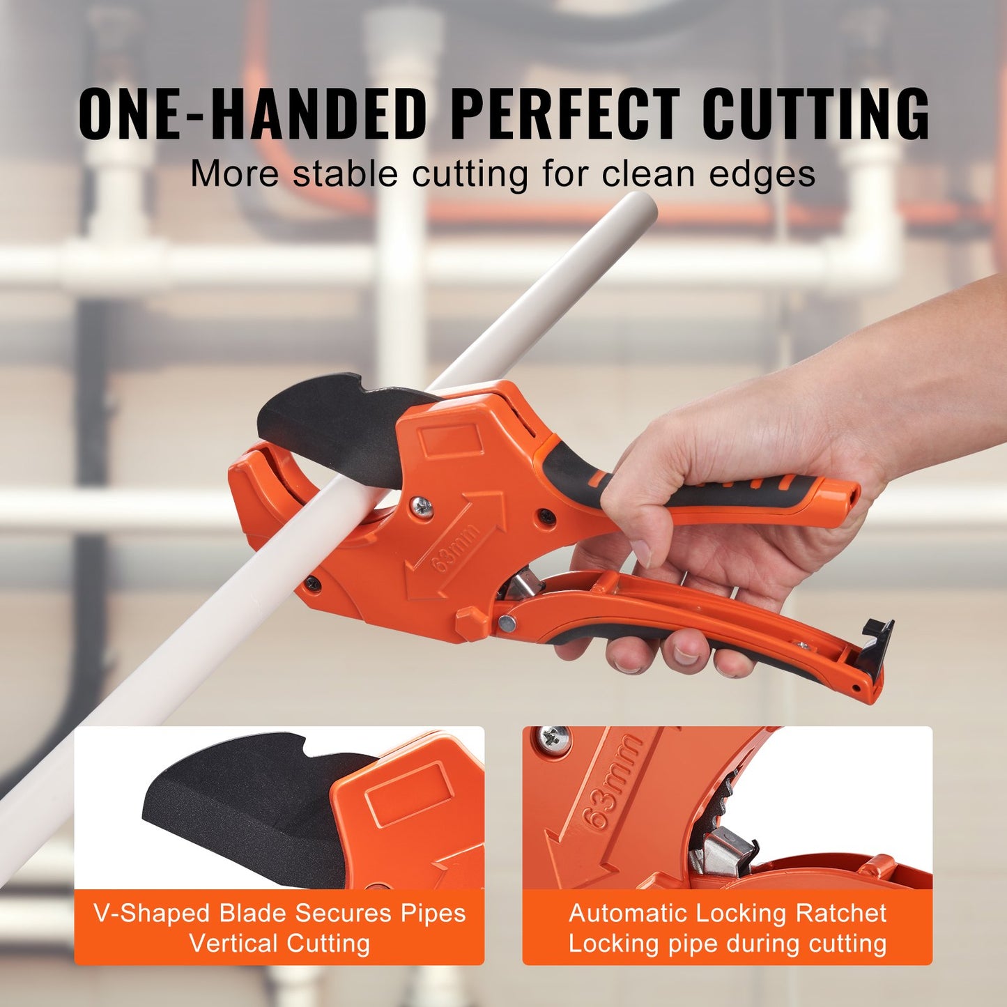 PVC Pipe Cutter, 0-2-1/2" O.D. Ratcheting PVC Pipe Cutter, Heavy Duty Tube Cutting Tool with Spare SK5 Blade for PVC, CPVC, PP-R, PEX, PE, Rubber Hoses