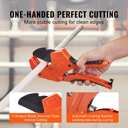 PVC Pipe Cutter, 0-2-1/2" O.D. Ratcheting PVC Pipe Cutter, Heavy Duty Tube Cutting Tool with Spare SK5 Blade for PVC, CPVC, PP-R, PEX, PE, Rubber Hoses