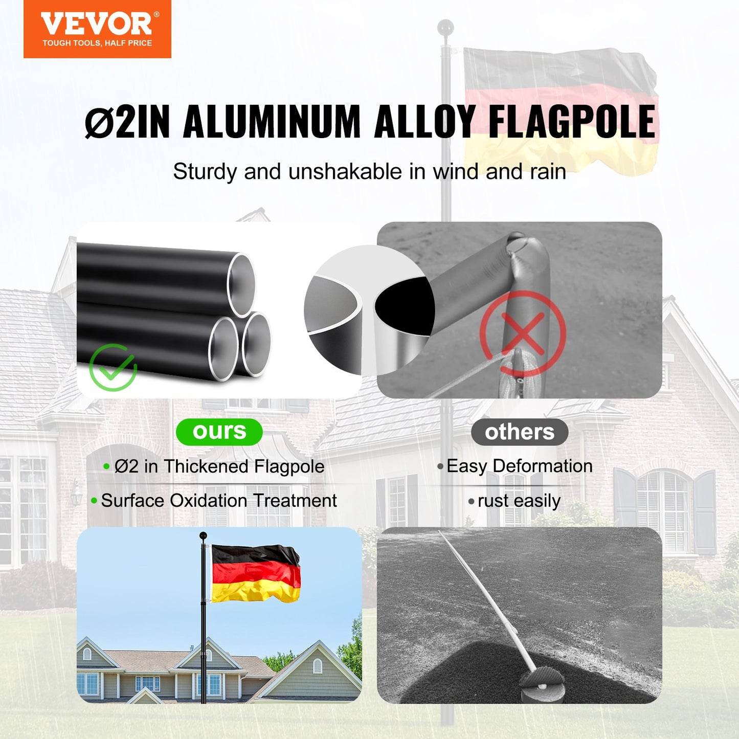 20FT Telescopic Flagpole Kit Heavy Duty Aluminum Flagpole German Black