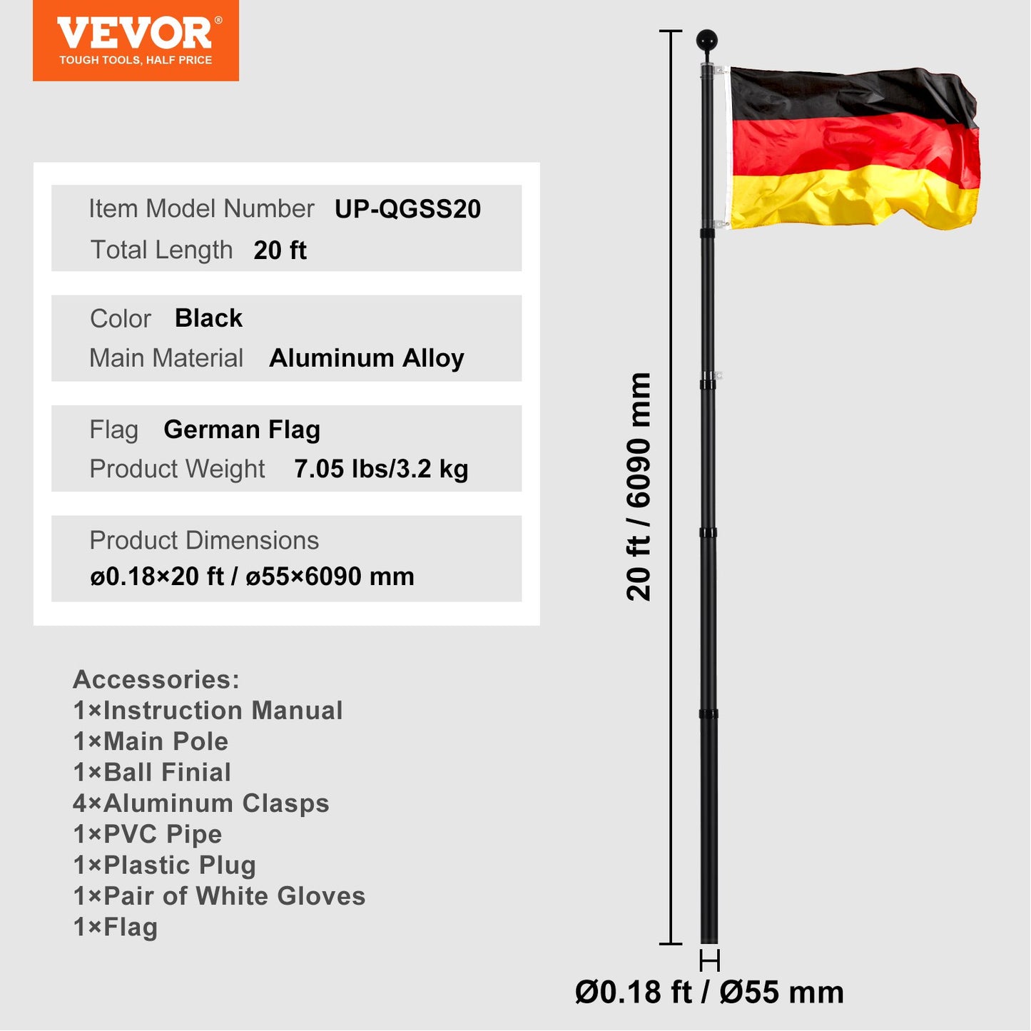 20FT Telescopic Flagpole Kit Heavy Duty Aluminum Flagpole German Black
