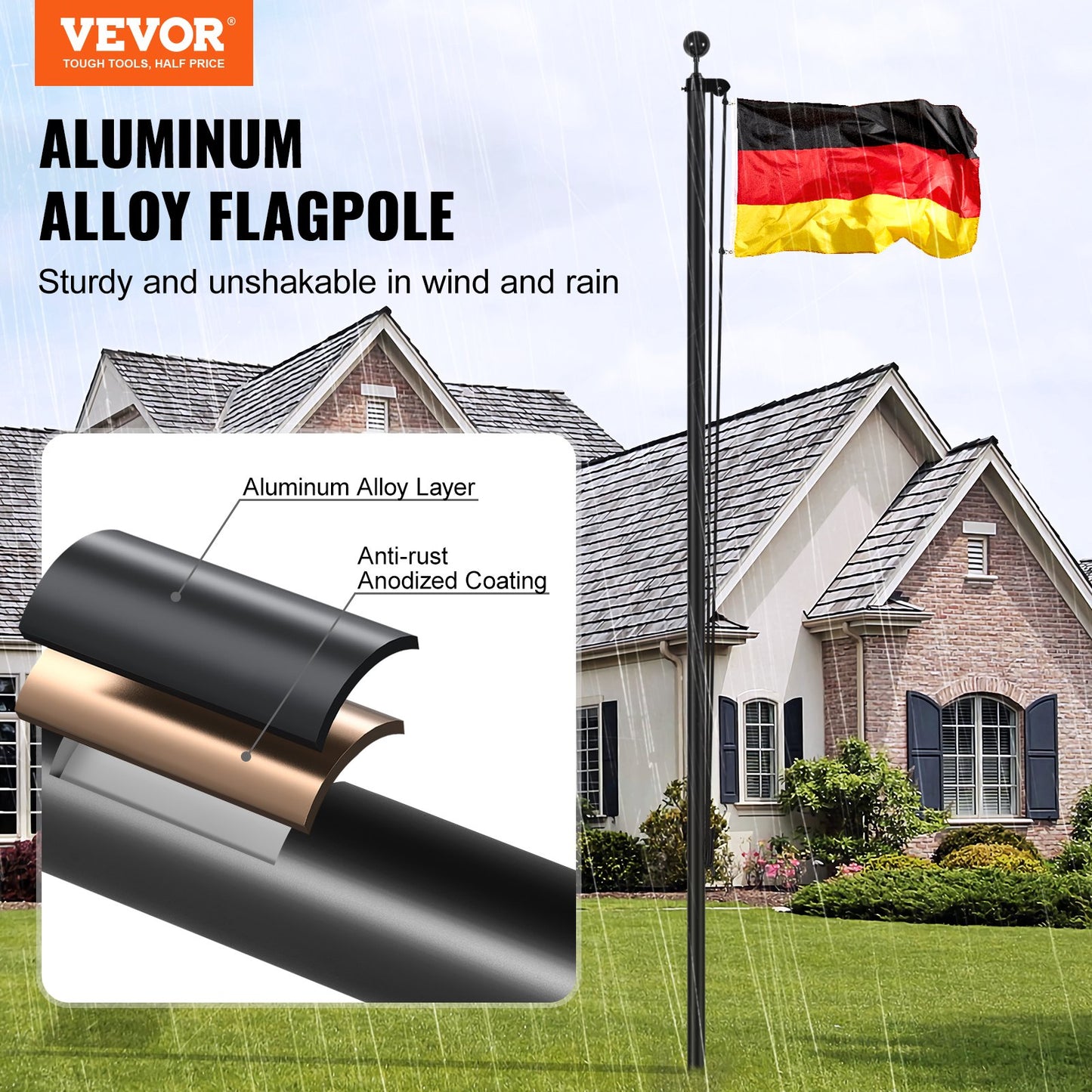 20FT Detachable Flagpole Kit Heavy Duty Aluminum German Black Flagpole