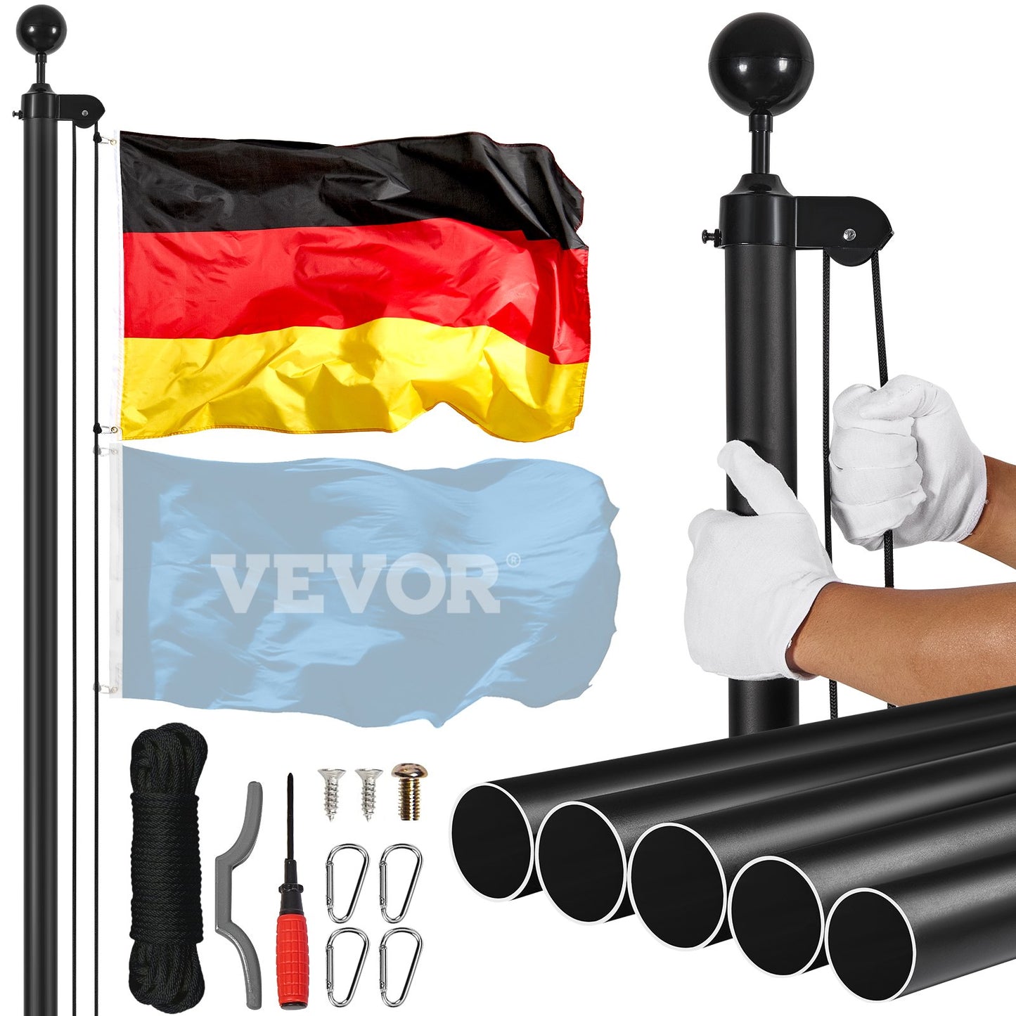 20FT Detachable Flagpole Kit Heavy Duty Aluminum German Black Flagpole