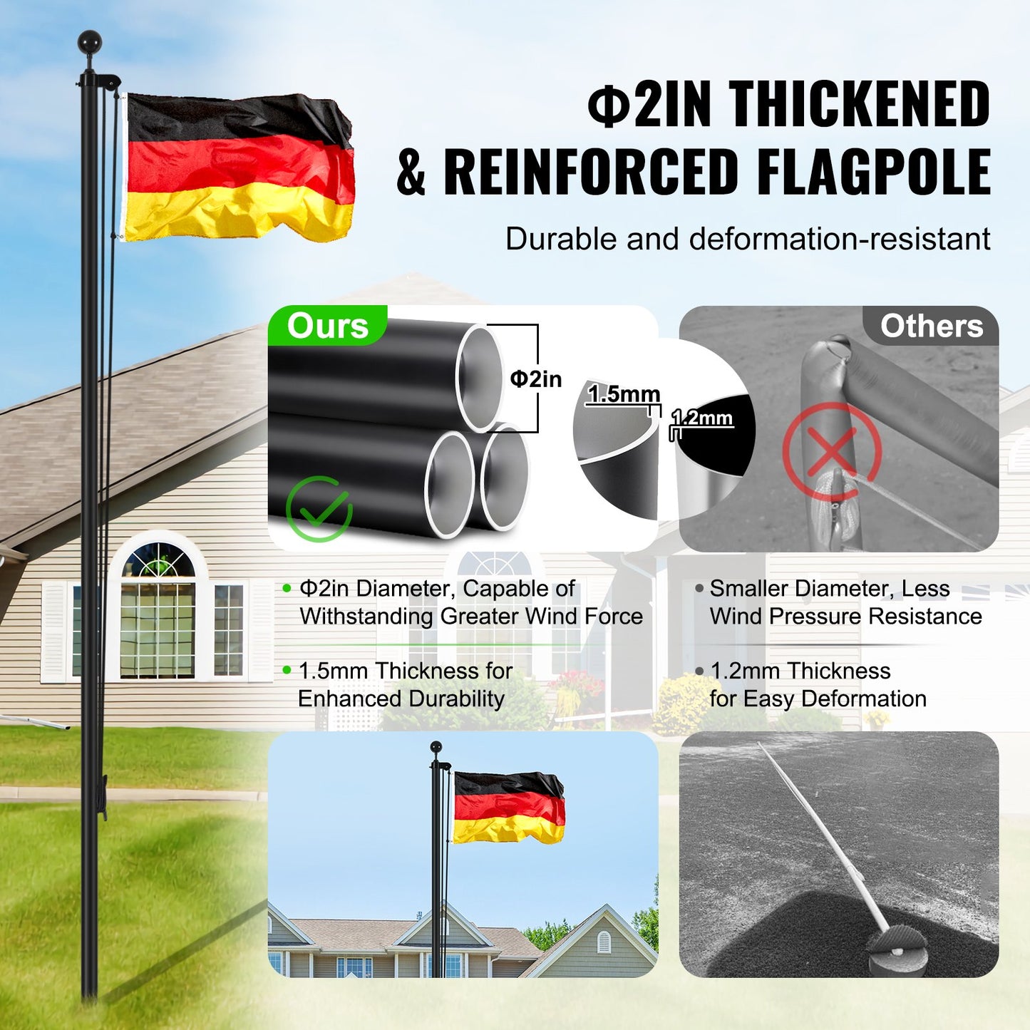 30FT Abnehmbare Fahnenmast Kit Heavy Duty Aluminium Fahnenmast Deutsch Schwarz