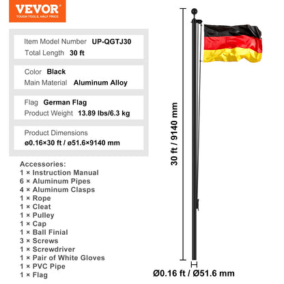 30FT Abnehmbare Fahnenmast Kit Heavy Duty Aluminium Fahnenmast Deutsch Schwarz