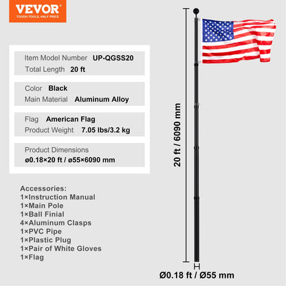 20FT Telescoping Flag pole Kit, Heavy Duty Aluminum Alloy in Ground Flag Poles for Outside, 3 Display Modes Flagpole with 3x5 American Flag, Professional Accessories, Black