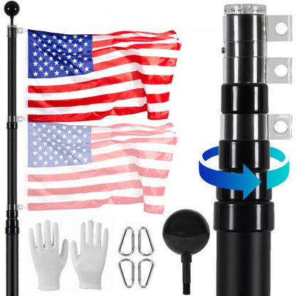 25FT Telescoping Flag pole Kit, Heavy Duty Aluminum Alloy in Ground Flag Poles for Outside, 3 Display Modes Flagpole with 3x5 American Flag, Professional Accessories, Black