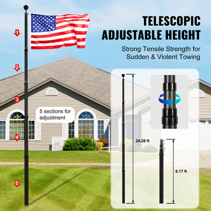 25FT Telescoping Flag pole Kit, Heavy Duty Aluminum Alloy in Ground Flag Poles for Outside, 3 Display Modes Flagpole with 3x5 American Flag, Professional Accessories, Black
