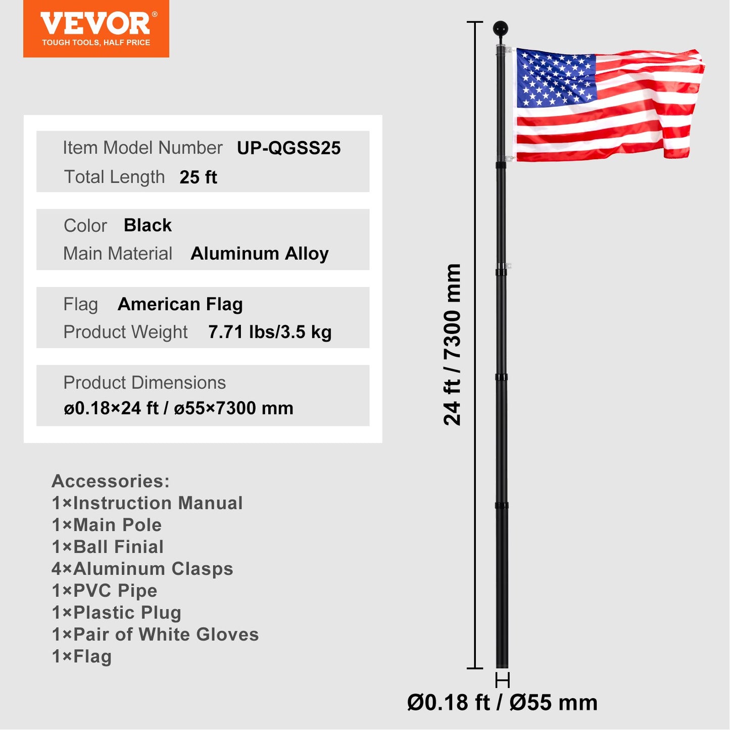 25FT Telescoping Flag pole Kit, Heavy Duty Aluminum Alloy in Ground Flag Poles for Outside, 3 Display Modes Flagpole with 3x5 American Flag, Professional Accessories, Black