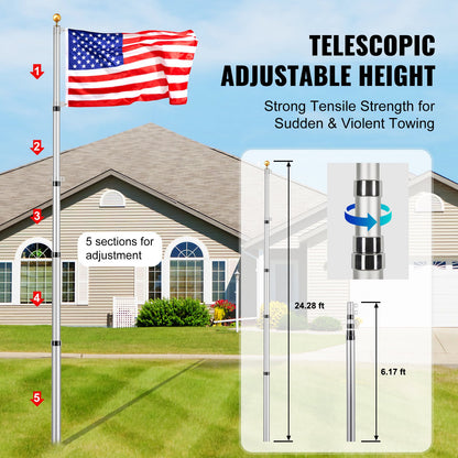 25FT Telescoping Flag pole Kit, Heavy Duty Aluminum Alloy in Ground Flag Poles for Outside, 3 Display Modes Flagpole with 3x5 American Flag, Professional Accessories, Silver