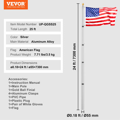 25FT Telescoping Flag pole Kit, Heavy Duty Aluminum Alloy in Ground Flag Poles for Outside, 3 Display Modes Flagpole with 3x5 American Flag, Professional Accessories, Silver