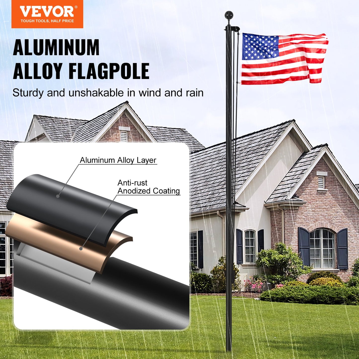 20FT Detachable Flagpole Kit Heavy Duty Aluminum Flag Pole American Black