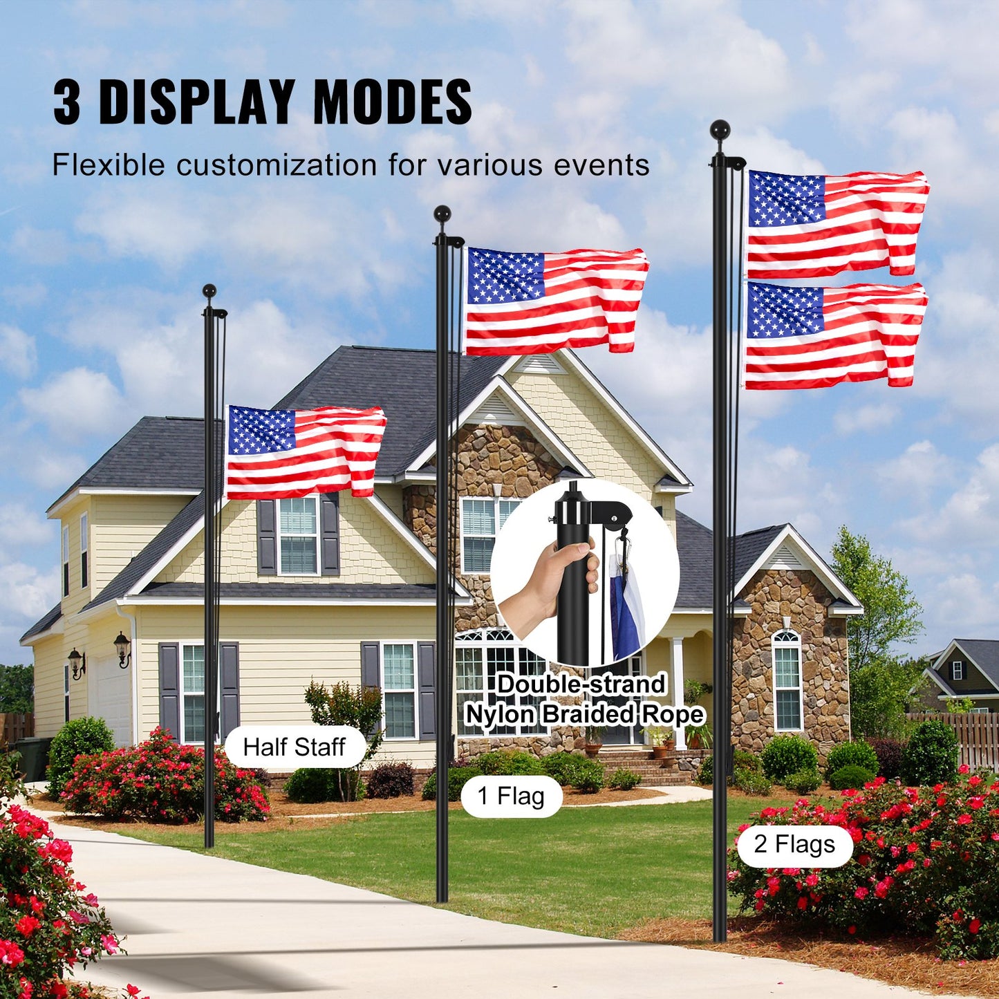 20FT Detachable Flagpole Kit Heavy Duty Aluminum Flag Pole American Black
