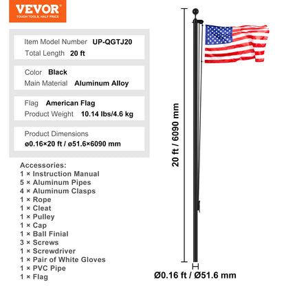 20FT Detachable Flagpole Kit Heavy Duty Aluminum Flag Pole American Black