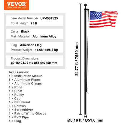 25FT Sectional Flag pole Kit, Heavy Duty Aluminum Alloy in Ground Flag poles for Outside, 3 Display Modes Flagpole with 3x5 American Flag, Professional Accessories, Black