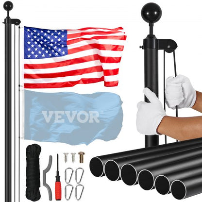 30FT Sectional Flag pole Kit, Heavy Duty Aluminum Alloy in Ground Flag poles for Outside, 3 Display Modes Flagpole with 3x5 American Flag, Professional Accessories, Black