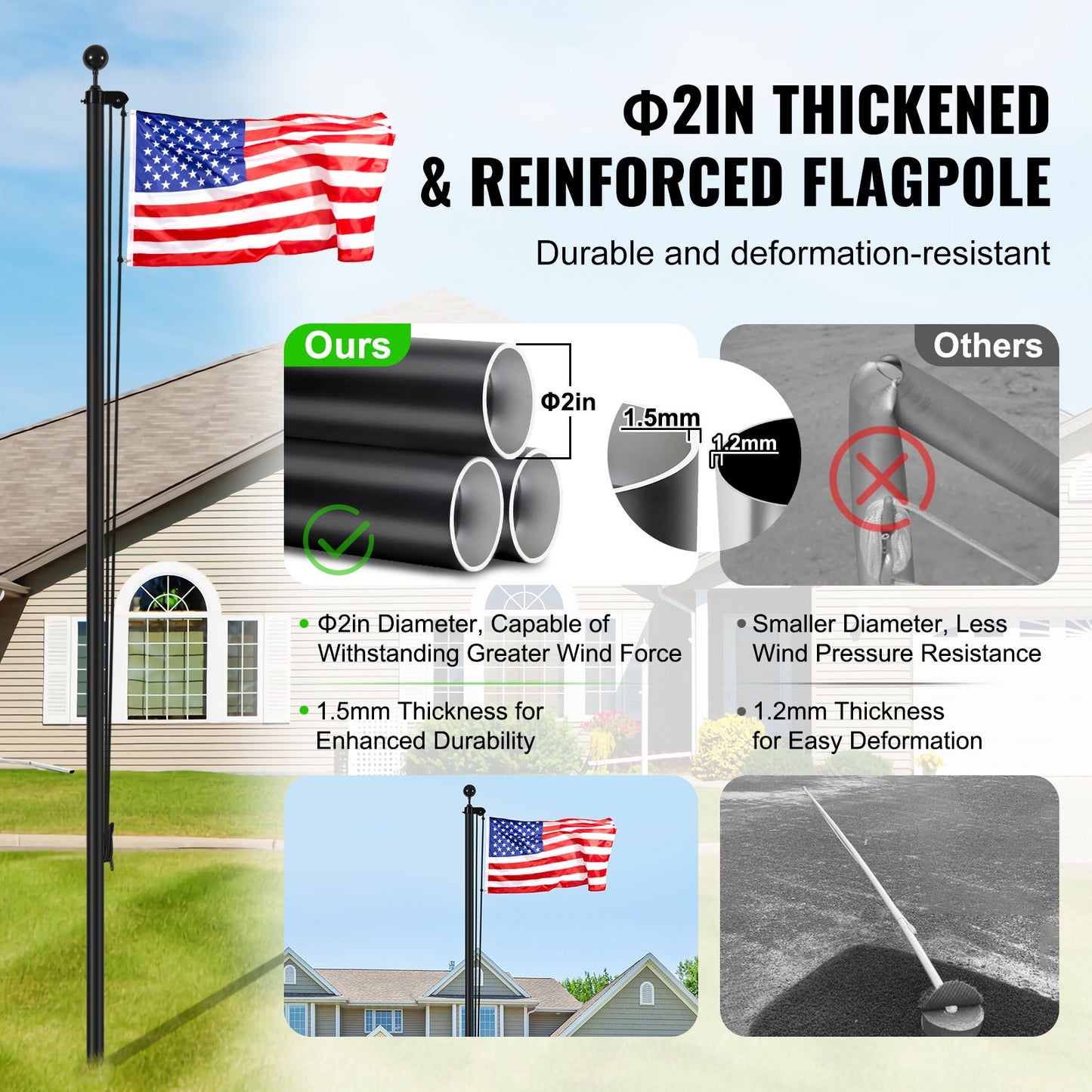 30FT Sectional Flag pole Kit, Heavy Duty Aluminum Alloy in Ground Flag poles for Outside, 3 Display Modes Flagpole with 3x5 American Flag, Professional Accessories, Black